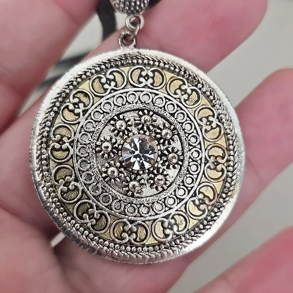 Lia Sophia Silver Medallion Necklace on Black Cord
